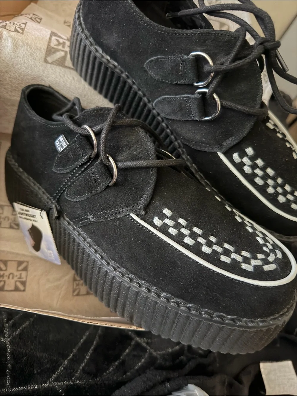 T.U.K Black Suede Creeper Shoes with White Stitching and Piping
